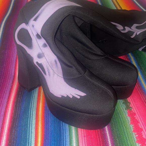 Dolls Kill Bare Bones Thigh High Skeleton Print Platform Boots Heels - Picture 4 of 8